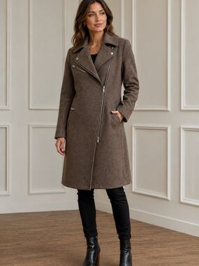 Avec Les Filles Asymmetrical Twill Wool Blend Moto Coat sz SMALL